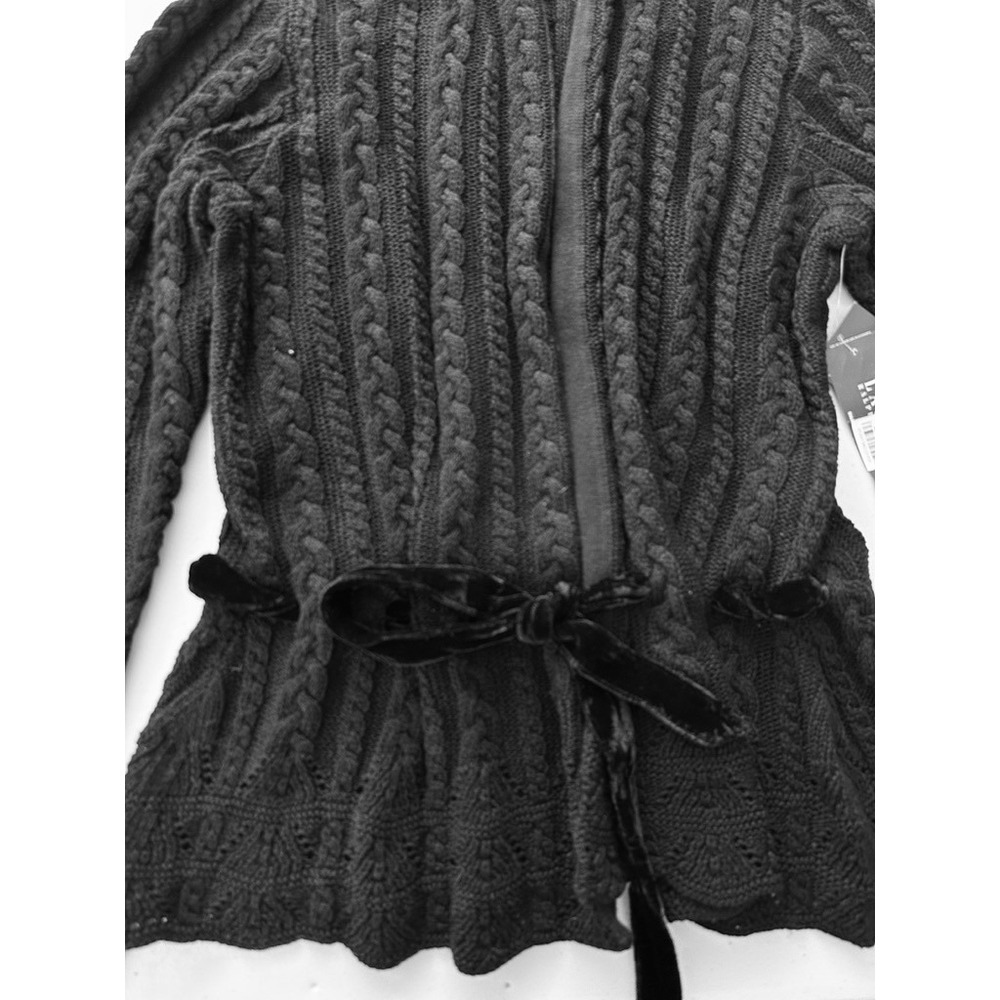 Lauren Ralph Lauren Black Cable Knit Chunky Cardigan Velvet Belt XL NWT Whimsy - Picture 2 of 10
